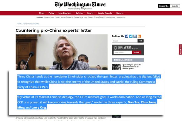 20190710 - Donald Trump's China policy defended - Washington Times_ - www.washingtontimes.com
