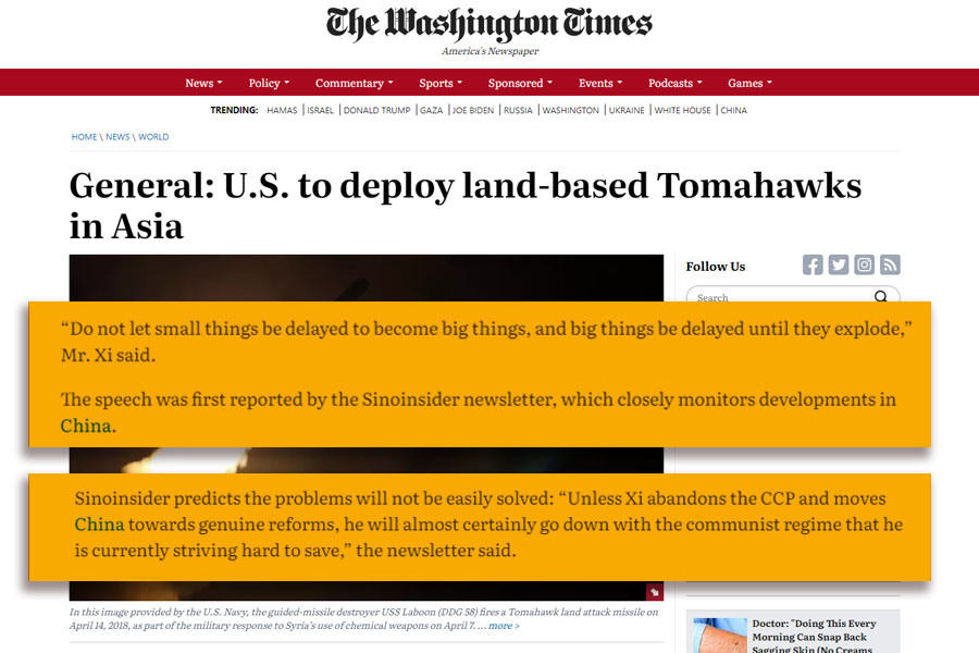 20231129 - Inside the Ring_ U.S. to deploy land-based Tomahawks in Asia, general_ - www.washingtontimes.com