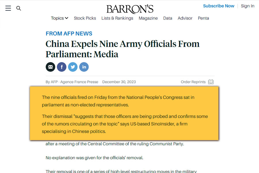20231230 - China Expels Nine Army Officials From Parliament_ Media - Barron's_ - www.barrons.com