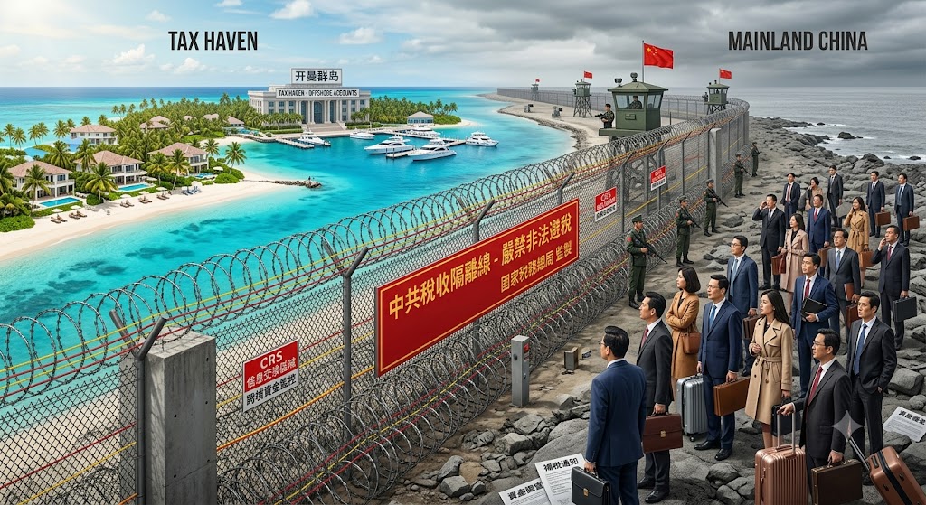 tax 中共發布《關於離岸信托徵收個人所得稅有關事項的公告》,標志著中國富人過去二十年間利用離岸避稅地搭建「資產避風港」與「稅務免死金牌」的時代終結。(AI製圖)