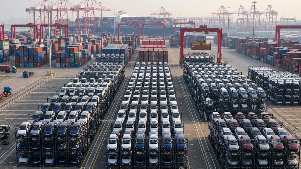 產能過剩 等待裝船出口的中國電動車堆放在貨櫃碼頭(AI製圖)